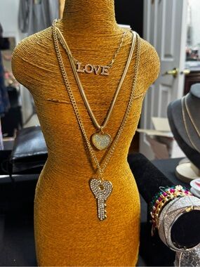 Gold Tone Layered Necklace Set with LOVE, Heart and Key Pendants